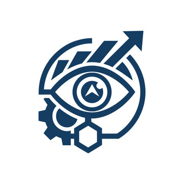 A blue graphic icon showing an eye with a rising chart