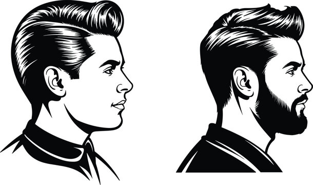 Male profile hairstyle illustrations collection, clean and bearded men portrait vector icons isolated character design