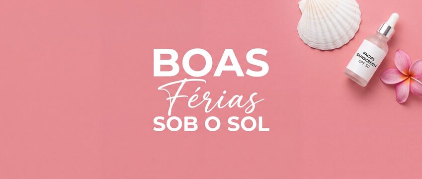 Facial sunscreen bottle and seashell on pink background with Portuguese text Boas Ferias sob o sol for summer holiday beauty skincare concept, tropical vacation cosmetics flat lay top view banner arts
