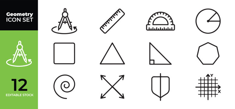 Geometric shape and math icon set including compass ruler protractor various polygons white background and color black with geometry mathematics protractor white background and color black