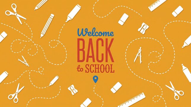 A vibrant yellow back-to-school banner featuring school supply doodles like scissors, rulers, and pencils surrounding a cheerful "Welcome Back to School" message.