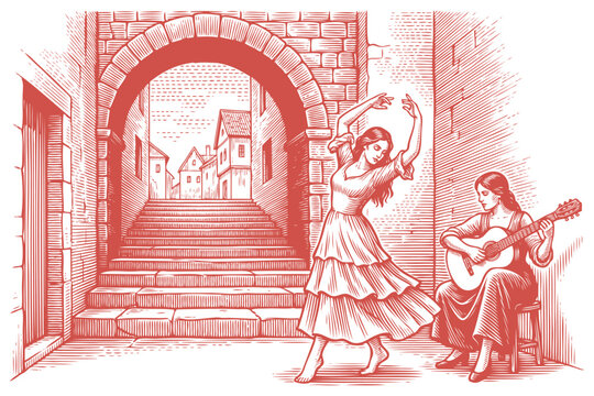 Vector engraving illustration of a beautiful woman dancing flamenco while another plays guitar in an old European street with an archway.