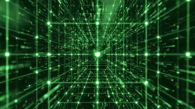 Green digital grid tunnel with glowing data points