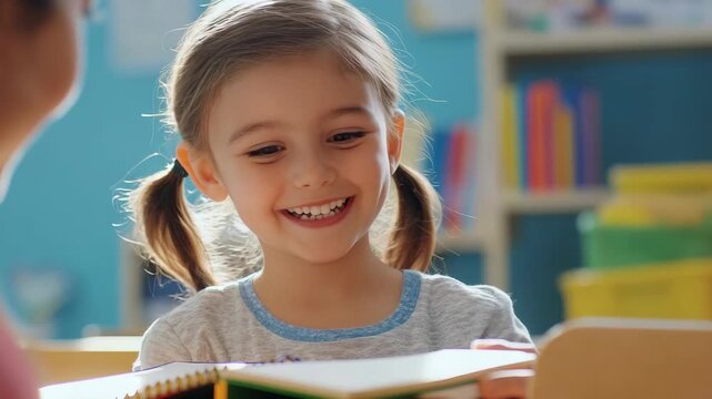 A young girl with pigtails and a big smile is reading a book in a library setting. She is surrounded by bookshelves filled with colorful children's books.