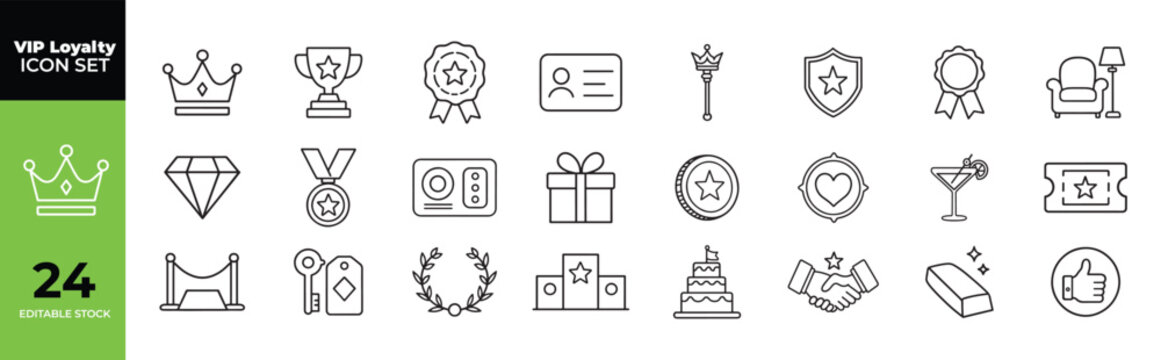 Set of 24 vip and premium loyalty program outline icons for exclusive membership services white background and color black with exclusive, membership, identity white background and color black
