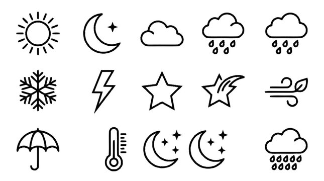 Weather forecast icons display various symbols for sun, moon, clouds, rain, snow, and temperature on a white background with eps file reference (740).