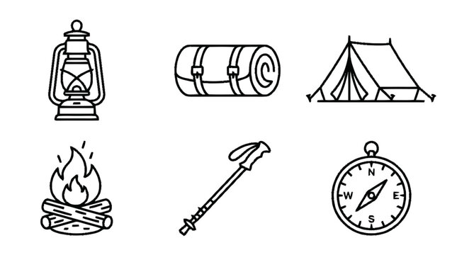 Camping gear including a lantern, sleeping bag, tent, campfire, spear, and compass are laid out.