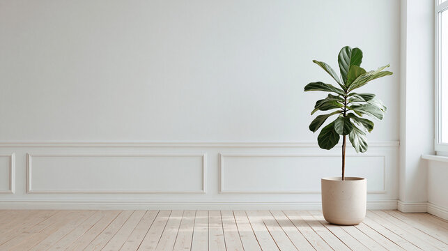 A green potted plant stands near a window in a bright room with an empty white wall and wooden floor