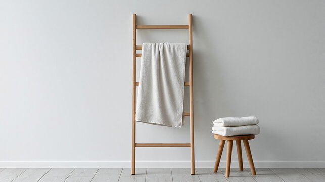 Minimalist bathroom interior with a wooden towel ladder standing against a white wall next to a small stool with folded linens