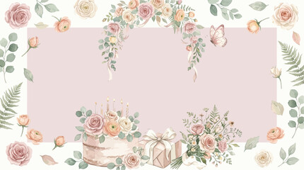 Delicate watercolor floral frame with roses, peonies, and greenery, perfect for invitations and greeting cards. © Banana Milk