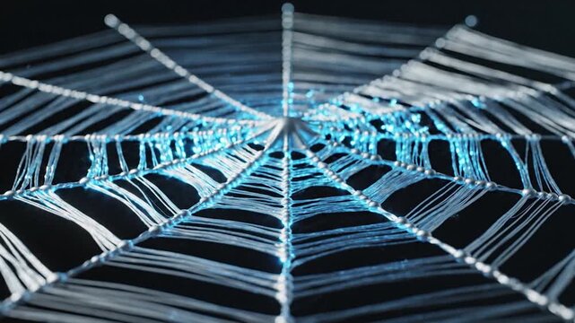 A detailed spider web shines against a dark background