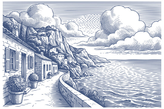 Vector engraving illustration of a scenic mediterranean coastal town with old stone houses, a walking path by the sea, steep cliffs, and large fluffy clouds.