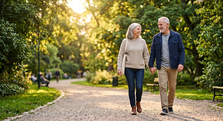 Obraz premium Happy senior couple walking hand in hand in sunny autumn park