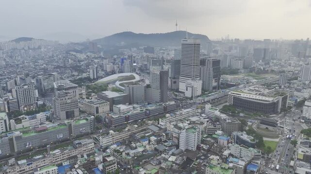 Aerial Drone View of Jongno Cityscape near Dongmyo Station and DDP Dongdaemun Design Plaza in Seoul, South Korea
