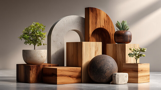 Japandi wabi-sabi version abstract composition with wooden blocks, stone arches, and potted green plants for product display