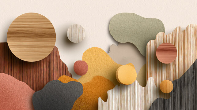Japandi wabi-sabi version abstract composition of layered organic shapes with wood grain, cork, and textured surfaces in warm earth tones