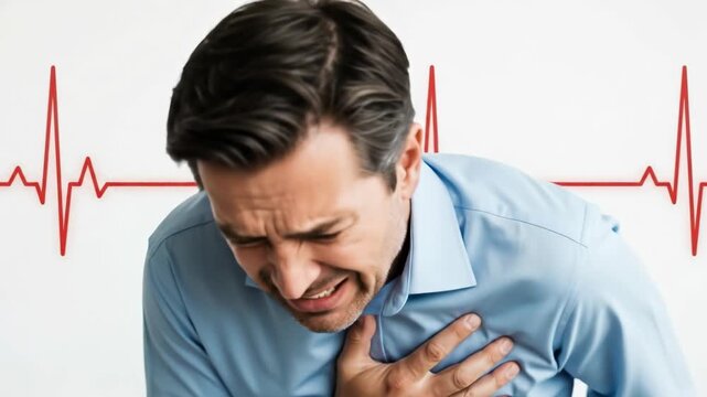 Man experiencing chest pain, signifying potential heart attack or cardiovascular disease, demanding urgent medical attention and prevention strategies for heart health support.