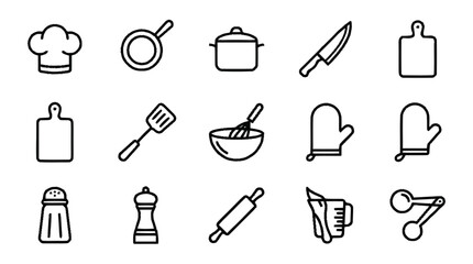 A collection of kitchen utensils and tools icons for cooking recipes displayed © sastra