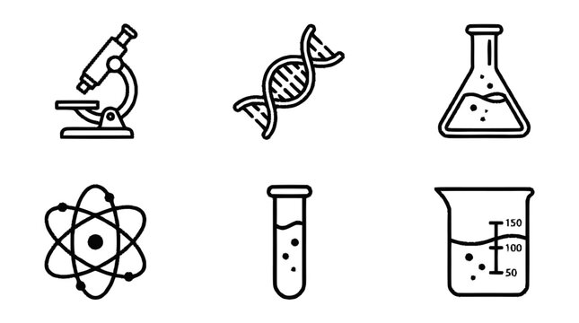 Science equipment icons including microscope, DNA, flask, atom, test tube, and beaker