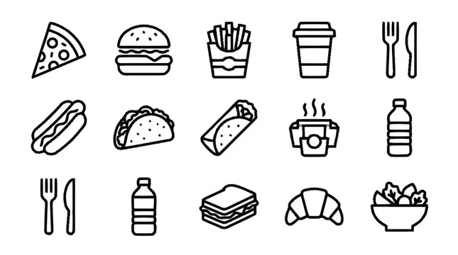 A variety of fast food icons including pizza, burgers, sandwiches, and drinks are displayed.