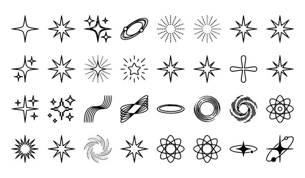 Retro Y2K Star and Sparkle Symbol Set with Futuristic Abstract Shapes Line Art Vector Illustration