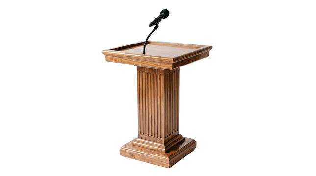 Wooden podium with microphone for public speaking events