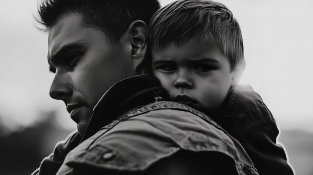 Emotional scene with a man comforting his son, perfect for family-themed content.