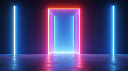 Fototapeta premium Neon door in dark room with blue and pink light and reflective floor digital render abstract space futuristic corridor glowing frame luminous wall modern interior empty room purple light blue light