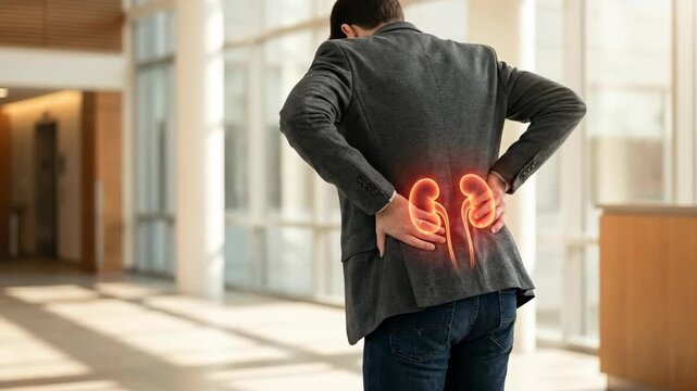 Visceral distress suffering: kidney disease, organ malfunction, human body, back pain, medical problem, patient ache, adult feel, health concern.