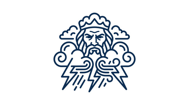 Majestic king of gods face with beard, crown, clouds, lightning, storm, greek mythology