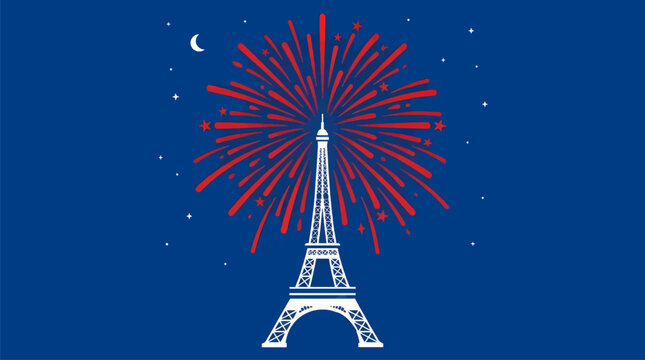 Flat Vector Illustration of White Eiffel Tower with Red Firework Burst Above, Dark Blue Night Sky with Moon and Stars, Graphic Celebration Design