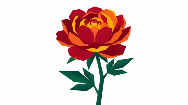 Geometric Flat Vector Illustration of a Single Peony Flower with Red and Orange Petals and Green Leaves on White Background, Sharp Angular Design