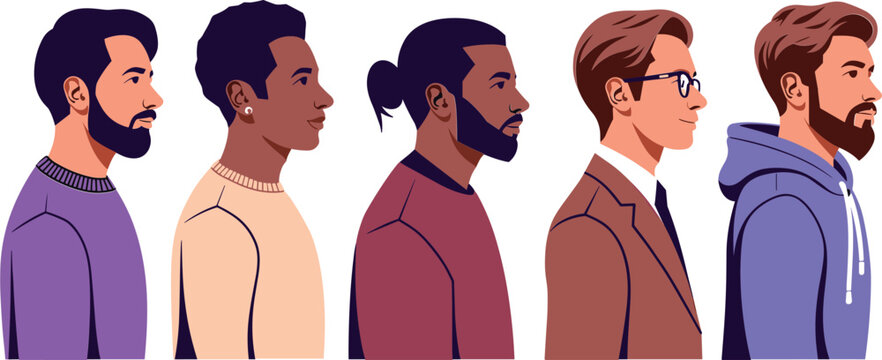 Diverse male profile avatars collection, multicultural men side view portrait vector illustration isolated character set
