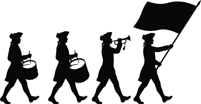 Revolutionary War Soldiers Silhouette with Flag Drums and Bugle for American Independence Concept