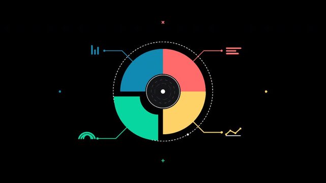 Animated circular business infographic with data icons for financial reports.