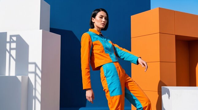 Woman in Bold Color-Block Jumpsuit in Urban Setting