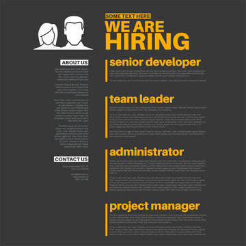 Professional hiring flyer for a job recruitment campaign featuring multiple open positions. This hiring layout helps in the recruitment of developers and managers for any company.