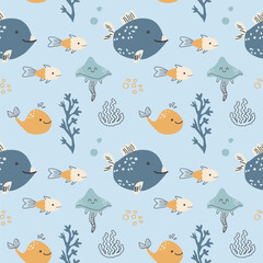 Cute tropical anglerfish and narwhal seamless pattern on blue background. Vector art in doodle scandinavian style. Sea creatures and plants, corals, underwater inhabitants. Kids nursery pattern. © ZhumaStudio