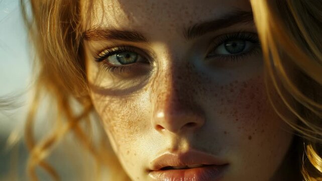 Beautiful Sunlit Profile of a Young Woman with Freckles