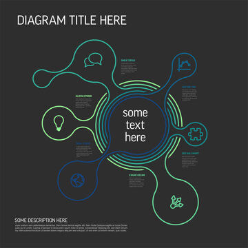 A dark infographic circle diagram template featuring thin line icons and creative connections. This circle diagram is perfect for business process visualization and layouts.