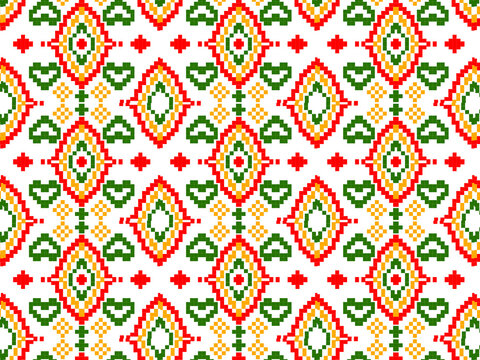 A professional seamless repeating vector pattern featuring a bold pixel-art style geometric layout inspired by traditional folk embroidery. Set against a clean, solid white backdrop, the symmetrical d