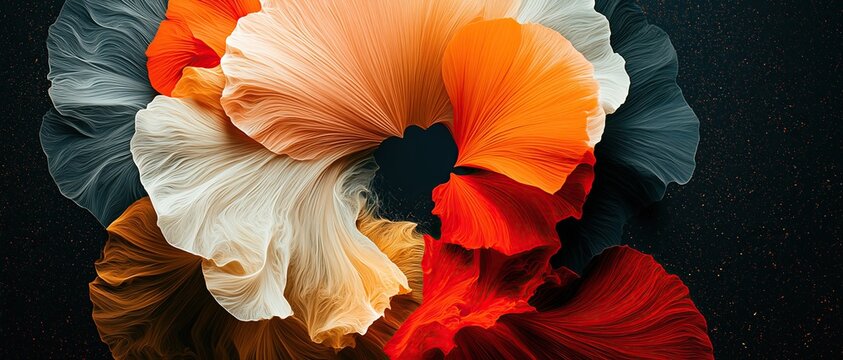Abstract modern wavy flowing artwork with warm orange red and neutral tones forms circular organic pattern on dark background for contemporary decorative projects