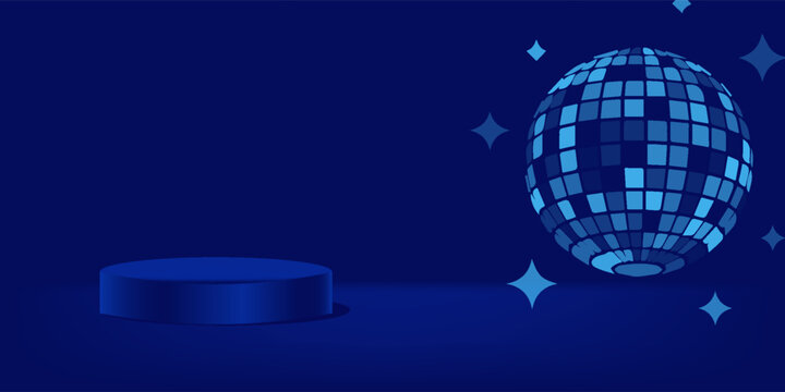 Abstract blue product podium background with a retro sparkling disco ball and stars. Futuristic studio stage backdrop for party invitations, DJ music events, banners, and marketing ads.