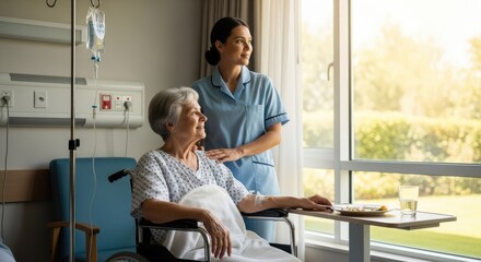 Obraz premium Senior woman in wheelchair with nurse looking out window.
