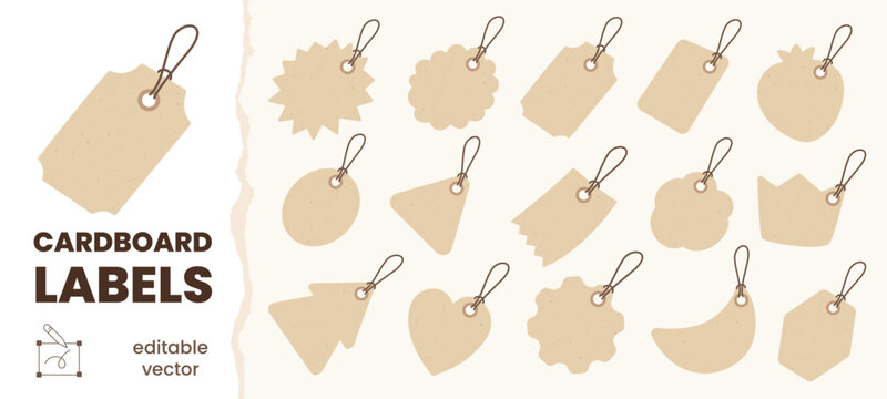 Kraft paper tags and cardboard labels vector set, assorted textured blank brown price tags collection with hanging rope string and copy space for text