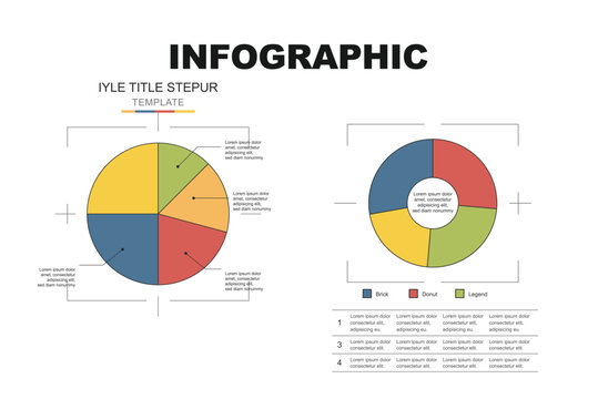Comparative pie and donut charts presentation infographic design layout template with color legends and numerical tables for business reports
