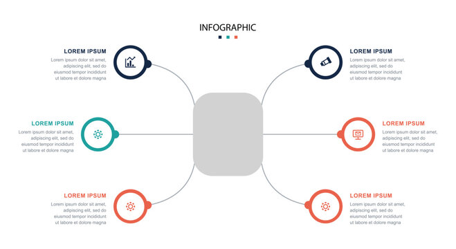 Central node mind map infographic diagram template with six curved arms leading to circular option descriptions for project planning sessions
