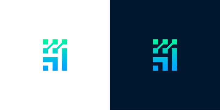 Minimalist digital circuit tech logo design with green and blue gradient elements on white and dark backgrounds for business identity