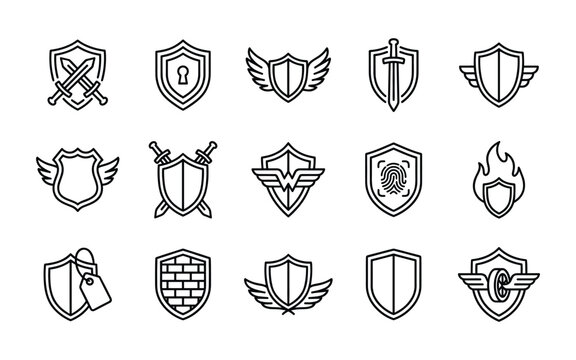 Shield line icons set security, protection, defense, and safety outline vector symbols firewall, antivirus, and insurance signs