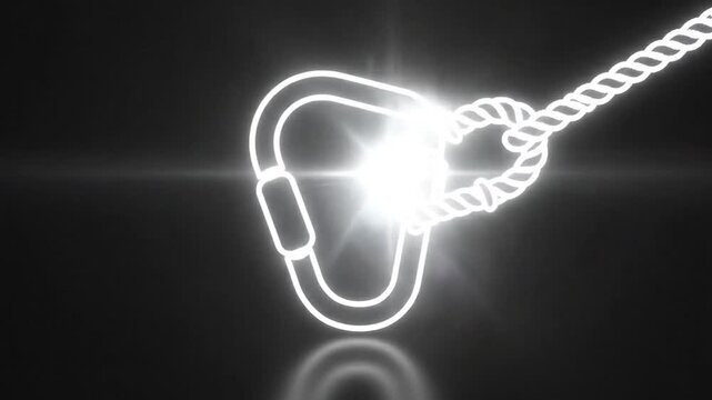 A glowing white neon carabiner icon on a black background
